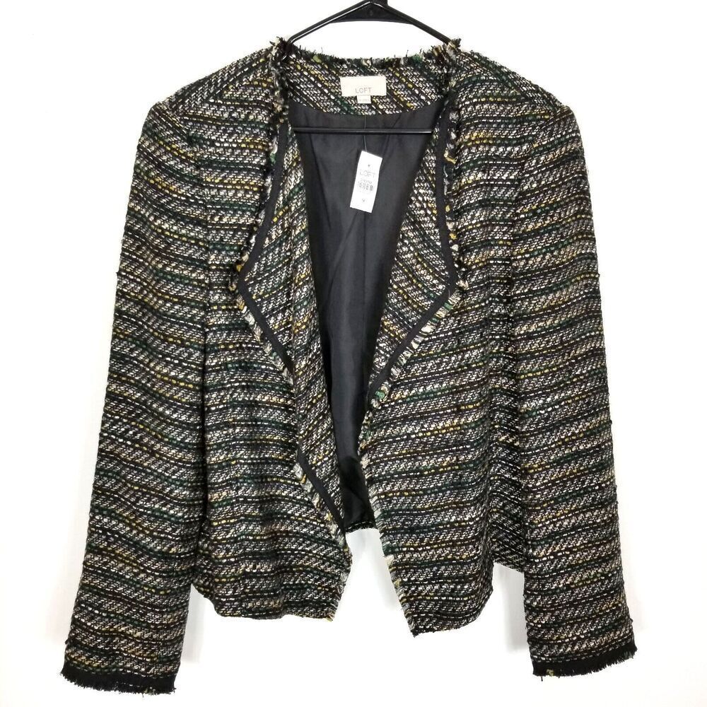 LOFT Women Multicolor Frayed Edge Open Front Jacket Size 14 Blazer Office Casual